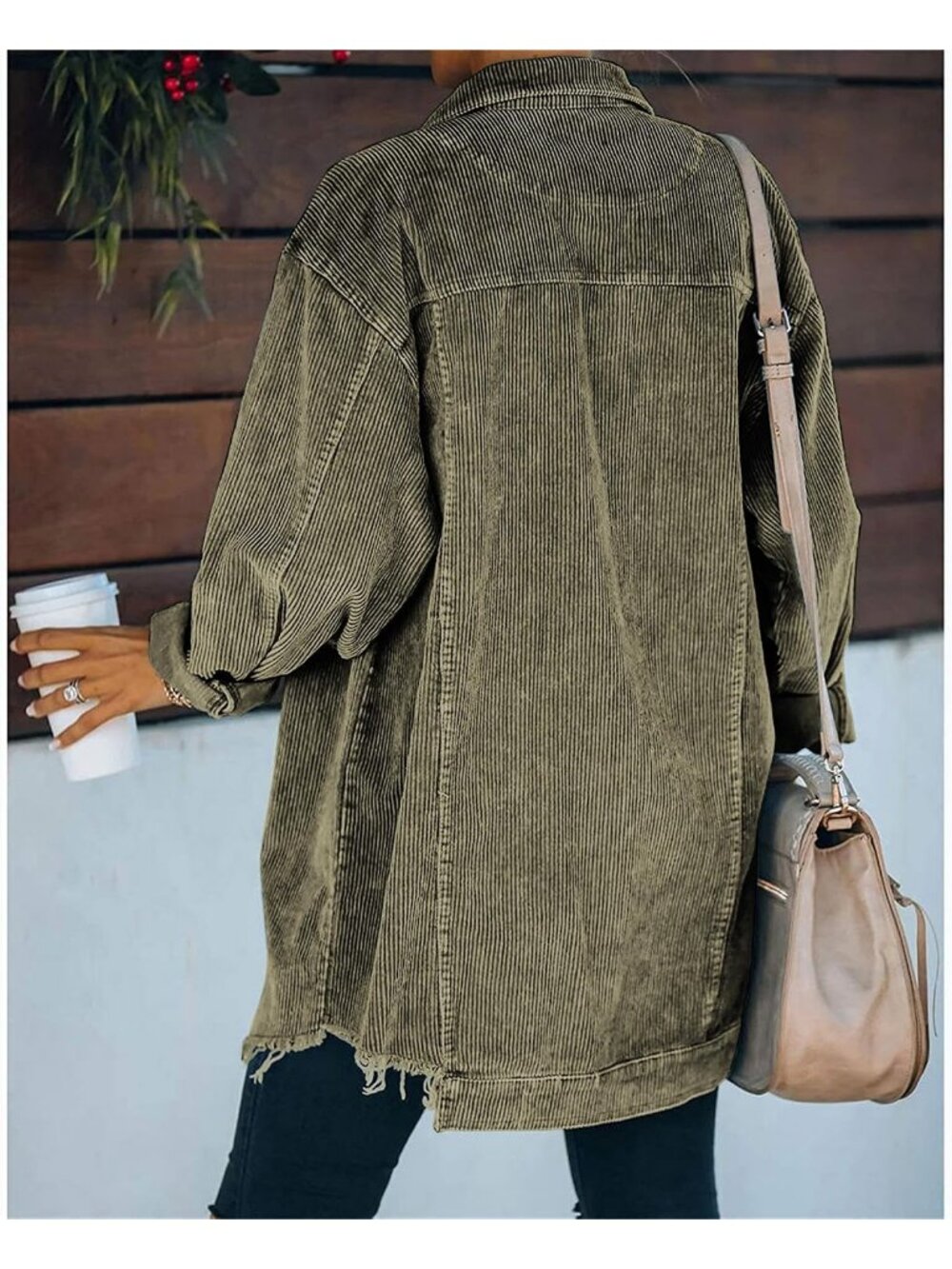 〽️Army Green Women's Corduroy Shacket Oversized Retro Button Down - Picture 2 of 4